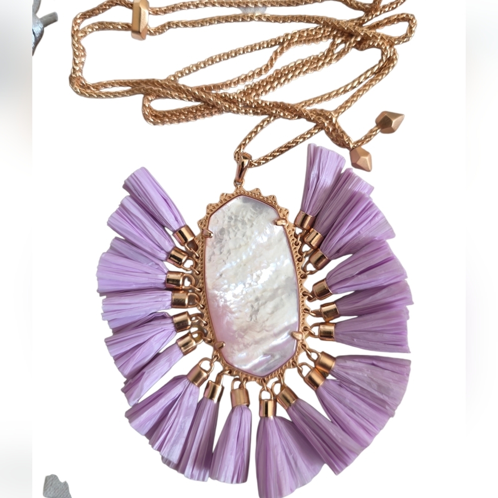 Kendra Scott Lavender BETSY Raffia Tassel Rose Gold Tone Chain Necklace NWOT